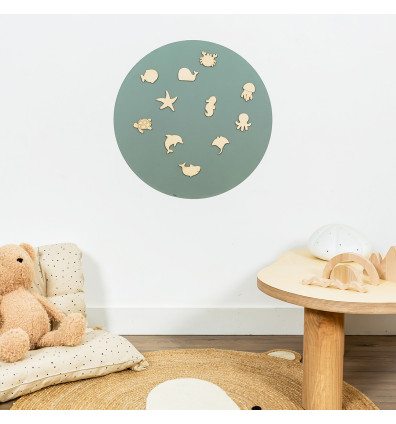 Tableau rond magnétique coloris Vert émeraude et jeu magnétique en bois pour chambre d'enfant - Ferflex